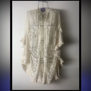 Boho Lace Fringe Open-Front Kimono - Cream